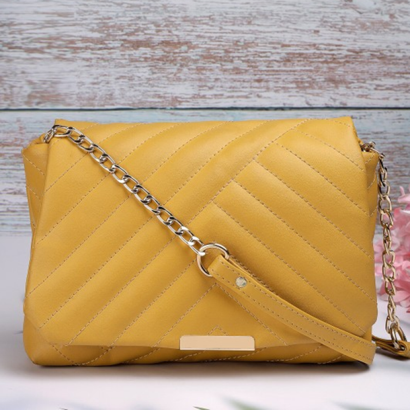 "Yellow Textured Structured Sling Bag "